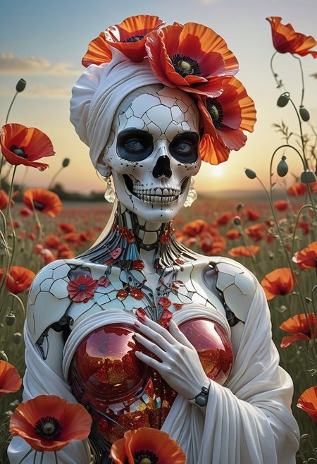  made out of,colorful,liquid,Murano Art glass,

An elegant, yet unsettlingly beautiful feminine android, her fragmented skull a mosaic of mirrored glass reflecting a vibrant sunrise bursting with gold and crimson, stands in a field of blooming crimson poppies. She is draped in flowing robes of sheer white fabric that billow gently in the warm breeze. Her eyes, luminous and full of a newfound wonder, gaze towards the horizon as if witnessing the dawn of a new era.
Dark and gritty, epic scene, dramatic lighting, cinematic, pale skin, imperfections, (8K resolution), establishing shot, high textures,  leica, subsurface scattering, ,CINEMATIC,MOVIE STILL,CHROMATIC ABERRATION,REALISTIC,,amazing, cinematic, intricate, artistic,  extremely inspirational, epic scene, cinematic,, high textures, 