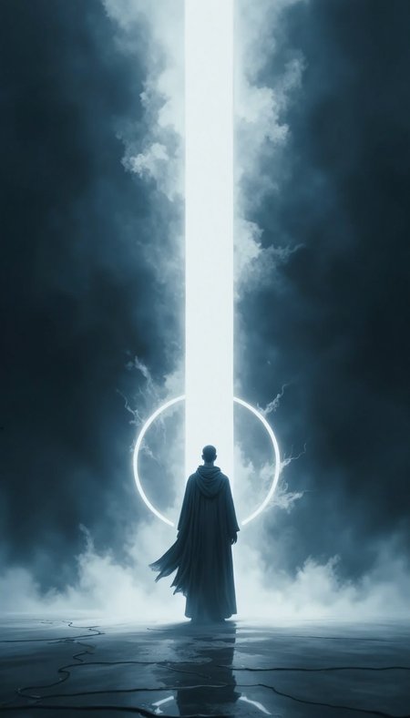 This haunting image captures a solitary figure in flowing robes, standing before a perfect circle of light in a misty, ethereal setting. The composition marries geometric precision with organic movement, while the cool blue-grey tones and dramatic backlighting create a deeply spiritual atmosphere. The minimalist approach and careful balance of elements produce a sense of profound contemplation and otherworldly presence, evoking themes of enlightenment and transcendence.