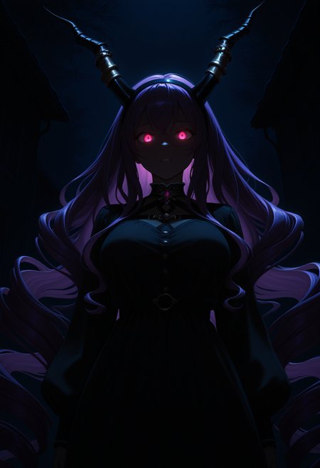 masterpiece, best quality, 1girl, solo, Typh0n, pink eyes, purple hair, very long hair, drill hair, hairband, horns, dark, night, dark theme, glowing eyes, <lora:ChamTyphonNoob:1>