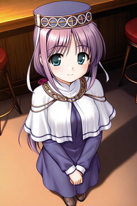 masterpiece, best quality, absurdres, official art, official style, rating generael BREAK <lora:lavria_IL_v1-1:0.7>, lavria, 1girl, solo, aqua eyes, green eyes, purple hair, very long hair, parted bangs, hair intakes, sidelocks, low ponytail, pink bow, medium breasts, hat, hair bow, hat ribbon, white ribbon, headdress, priest, nun, necklace, habit, white capelet, purple dress, long dress, long sleeves, shoes, boots, brown footwear, full body, own hands together, looking at viewer, light smile, blush, v arms, own hands clasped, from above, bar \(place\)