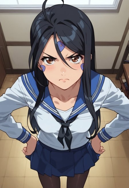 score_9, score_8_up, score_7_up, 1girl,  extreme detail, standing, looking at viewer, thigh gap, sexy legs, three quarter picture, pantyhose, office background, hands on hips, scowl, view from above, petite, skinny, slim, small breasts, skuld, long hair, black hair, ahoge, facial mark, hair between eyes, brown eyes, school uniform, serafuku, sailor collar, blue sailor collar, skirt, blue skirt, long sleeves