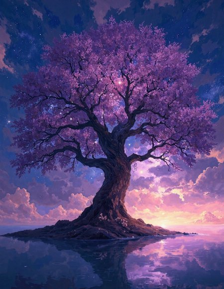 A beautiful tree of life with a purple and blue galaxy sky in the background, reflected on the water at night.