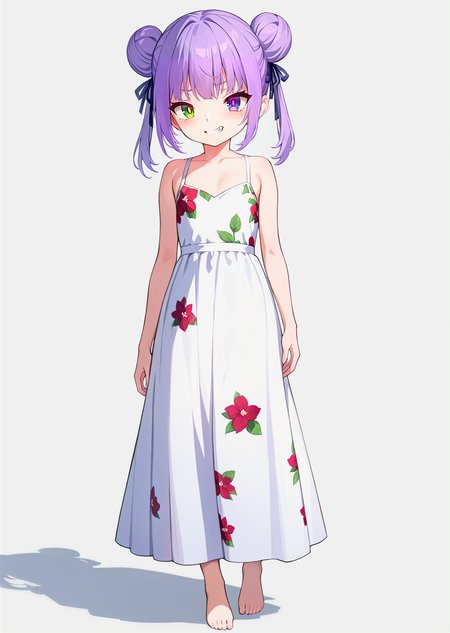 (best quality, masterpiece:1.2),
full body, 
1girl, solo,
petite, double bun, 
purple hair, hair ribbon, two-tone hair,  looking at viewer, 
multicolored eyes, green eyes, purple eyes, white pupils,  heterochromia,
floral print, long dress, white dress, 
barefoot, 
standing, 
highres,sharp focus,Professional,Impasto,
front view,medium view,
reality_ray_tracing,ambient_light,
simple background, grey background, 
<lora:ASYLJ77-000009-XL-02:0.9>