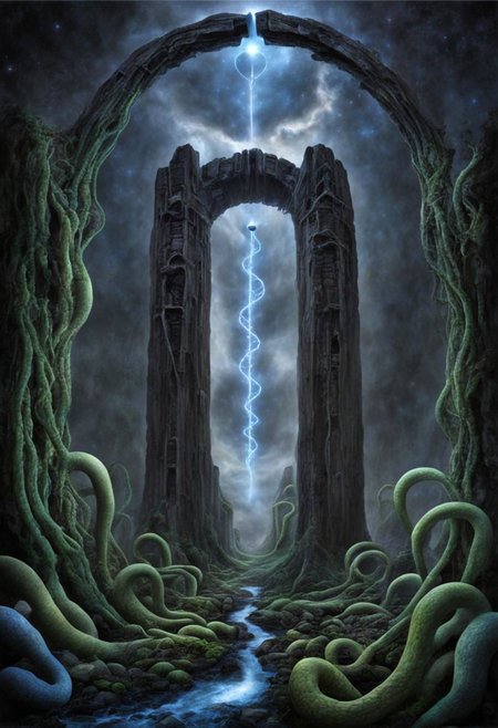 Phallus, vagina, monolith, alchemy, twisting vines, DNA helix, binary code, galaxy, cosmic serpent, glowing archway, veil