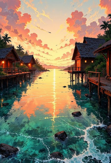 Bora Bora Overwater Bungalows – Sun-Kissed Horizon
"A dreamy golden hour scene in Bora Bora, where overwater bungalows stretch into the tranquil, shimmering sea. The setting sun casts a warm, golden glow on the thatched roofs, while the sky reflects soft pink and tangerine hues onto the calm water. Gentle waves lap against the wooden stilts, and a silhouette of a lone canoe glides peacefully in the distance."