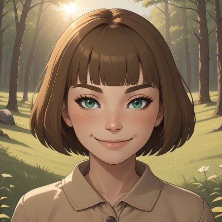 score_9, score_8, BREAK, solo, Millie_WSC, dark brown hair, short hair, blush, green eyes, sexy pose, smile, outdoors, sunlight, shadows, evening lighting, natural lighting, forest, trees, grass, orange sky, sunset