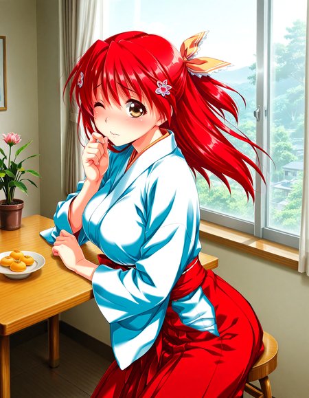 (1girl, solo:1.3), (2girls, 3girls, 4girls, multiple girls, 2boys, 3boys, 4boys, multiple boys:-1.5) <lora:Kohinata_Yuuka_Koi_Mekuri_Clover_Illustrious:0.9>, kohinata_yuuka, large breasts, brown eyes, red hair, long hair, bangs, hair between eyes, hair ribbon, hair ornament, miko, japanese clothes, red hakama, shy, one eye closed, general, contrapposto, dynamic pose, , upper body, from side, from above, , indoors, dining room, cafe table, stool, sitting on stool, window, outdoor view, curtains, plant, potted plant, flower, (perspective:0.7), <lora:NOOB_EPSv1_1_detailer_by_vlnvk_v1_0:1.5>, (photo background:0.7), day, (tachibana yuu:0.6), inue shinsuke, (kazuma muramasa:0.0), saikawa yusa, (aoi manabu:0.6), abarerumidori, (suzui narumi:0.6), masterpiece, newest, absurdres, 8K, anime screenshot, anime coloring, flat color, official art, film grain, <lora:illustriousXLv01_stabilizer_v1.185c:0.7>, <lora:LECO_Solo:-4.0>,