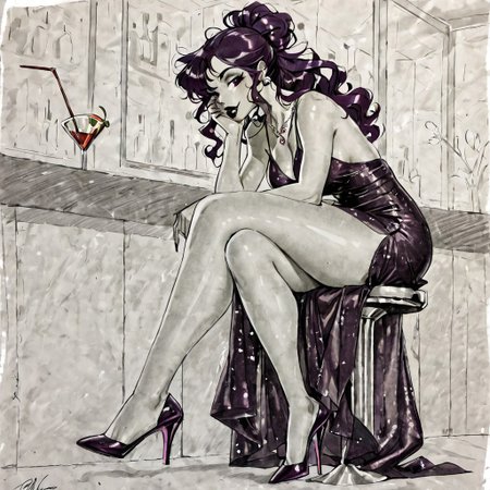 easynegative, NegfeetV2, ng_deepnegative_v1_75t, doubledeestyle, graphite (medium), pencil sketch, greyscale, colored accents, monochrome, traditional style, cross-hatching, soft shading, stylized anatomy, soft grain texture, full body woman, tall, sitting at a bar, evening gown, hair put up, having a drink, legs crossed, wearing heels, hand resting on face, black wavy hair, black lipstick, black gown, necklace