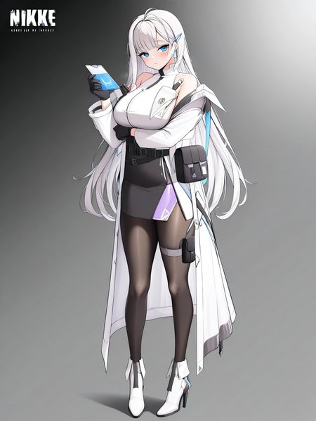 (masterpiece,best quality,ultra_detailed,highres,absurdres:1.2,amazing quality,very aesthetic),<lora:cecil-nikke_ilxl_v1-000015:0.8>,1girl,long hair,full body,blue eyes,solo,black gloves,skirt,large breasts,pantyhose,pouch,white coat,black pantyhose,thigh strap,arm under breasts,black skirt,hair ornament,looking at viewer,white hair,high heels,belt pouch,white shirt,white footwear,id card,standing,bare shoulders,thigh pouch,shirt,belt,long sleeves,ankle boots,sleeveless,jewelry,earrings,hairclip,cecil\(nikke\),