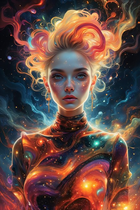 in ARTIST style, masterpiece, female sentient cloud being, wispy form composed of swirling stardust and nebula gas, attire a symphony of celestial bodies galaxies draped like scarves, comets as sashes, rendered in a cosmic abstract style with swirling brushstrokes, wearing unique Avant-garde masterpiece attire and headdress, bathed in the diffused glow of a neutron star, set against the backdrop of a colliding galaxies fiery tendrils of energy weaving between them, Background is Deep space with a churning vortex of color and light, hyperdetailed, intricate details, Refined details, best quality, highly detailed textures, very stylish detailed modern haircut, mesmerizing detailed radiant face, mesmerizing detailed beautiful eyes, (red hybrid orange) neon light,scifi,
<lora:Space-flux:0.8> noc-space,
<lora:aidmaGLOWV4wc:0.6> aidmaGlow,
<lora:edgy_fashionista_flux_ntc_v2:0.5>,
<lora:bokeh_flux_ntc:0.5>,
<lora:detailed_flux_ntc:0.5>
<lora:Ink_Marbling_Portraits:0.5> FFAIM