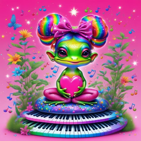 stairs, earrings, solo, long hair, cherry, grass, day, gradient, star (symbol), rainbow hair, closed mouth, vibrant rainbow, tree, frog, planet, colorful, sparkles, musical note, house, pink background, pointy ears, closed eyes, scales, piercing, hair bow, building, double bun, 1girl, heart, flower, cute creatures, simple background