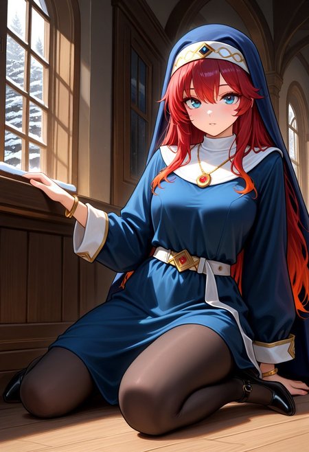 masterpiece, best quality, amazing quality, very aesthetic, absurdres, newest, fayeffl3, 1girl, long blue dress, gold necklace, gold bracelets, blue eyes, white belt, black pump shoes, pantyhose, close up, looking at viewer, (red hair, gradient hair:1.4), holding habit, indoors, window, snow,