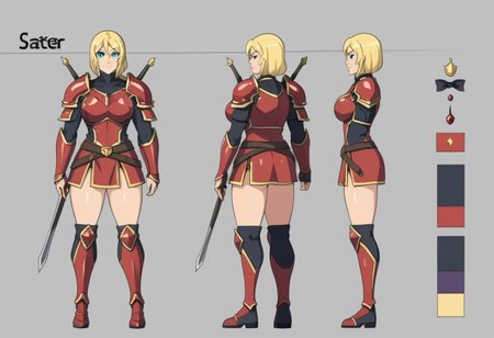 multiple views of the same character, model sheet, chatacter sheet, orthogonal  turnaround, feminine looking, warrior, simple Armor, large breasts