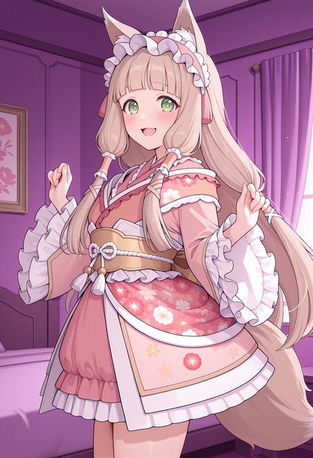 highres, best quality, masterpiece, bedroom, purple theme,
1girl, solo, pcrmaho, light brown hair, green eyes, animal ears, tail, fang, blunt bangs, tareme,
pmahodef, very long hair, hair tubes, frilled hairband, pink kimono, kimono dress, frilled kimono, floral print, sash, obi, wide sleeves, frilled sleeves, thighs,
looking at viewer, smile, blush,
standing, open mouth, hands up, from side,
<lora:_maho_pcr-elesico-rev3:1>