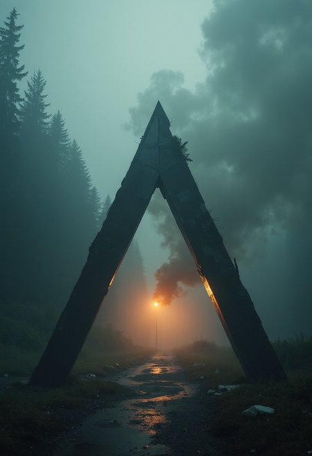 Create an image that only uses triangle forms. Incorporate smoke and fog. The composition should feel haphazard and raw, evoking odd charm. Atmospheric light.