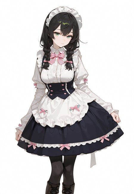 masterpiece, best quality, hyper-realistic, ultra-HD, luminous lighting, cinematic ambiance, shimmering gradients, ethereal glow, deep contrast, rich color tones, seductive atmosphere, captivating sensuality, Cinematic Lighting, raytracing, volumetric lighting, ambient occlusion, very awa, absurdres, amazing quality, ultra-detailed,8K,illustration,CG, 
BREAK 
shiny hair, clear skin, ultra-detailed-eyes, simple background, white background, cute girl, eyelashes, slender, large breasts, (mature female), slim body, long lushes, long legs, flat stomach, usnr, SagawaStyle,
BREAK
h_chifuyu,twin braids,green eyes, c_clothes,long_sleeves,white sleeves,blue jacket,blue skirt,black_pantyhose,black socks,lace-up boots,
BREAK
maid dress, pink bow, frills, short sleeves, maid headdress, 
