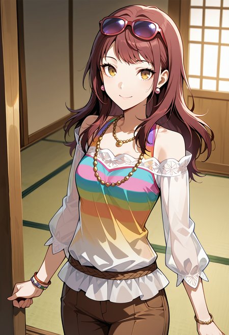 (masterwork, masterpiece, best quality, hyper-detailed),
1 girl, solo, 
p4rise, kujikawa rise, long hair, brown hair, earrings
p4rise-timeskip, alternate hairstyle, hair down, eyewear on head, sunglasses, bead necklace, layered clothing, off-shoulder shirt, bare shoulders, see-through shirt, see-through, long sleeves, tank top, rainbow tank top, brown pants, capri pants, bracelet, wristband,
indoors, tatami, standing, cowboy shot, looking at viewer, smile,