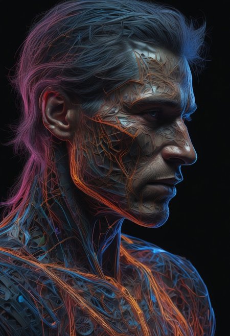 masterpiece, best quality,highly detailed and hyper realistic, hyper real, neon-outlined male figure in the dark with vibrant colors and reflective surfaces, (dark shot:1.17), epic realistic, faded, ((neutral colors)), art, (hdr:1.5), (muted colors:1.2), hyperdetailed, (artstation:1.5), cinematic, warm lights, dramatic light, (intricate details:1.1)