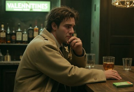 A man sitting at a bar, depressed, trench coat, undone tie, valentines decorations, cinematic masterpiece, low light, as he takes a shot of whiskey, side shot, stubble, drunk, tears running down cheek, messy hair, strong jaw, night time, holding a ring box in his hand