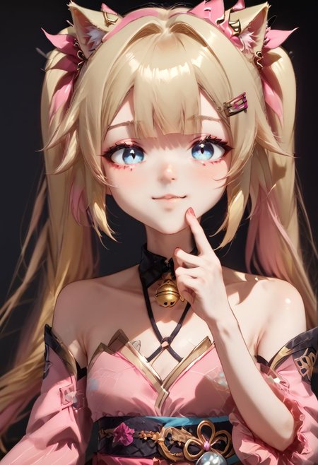 anime art. catgirl with blonde hair, ponytails,  blue eyes, pink shirt, hairclip, flat chest, cute pink dress, cat tail, blooming blosssoms