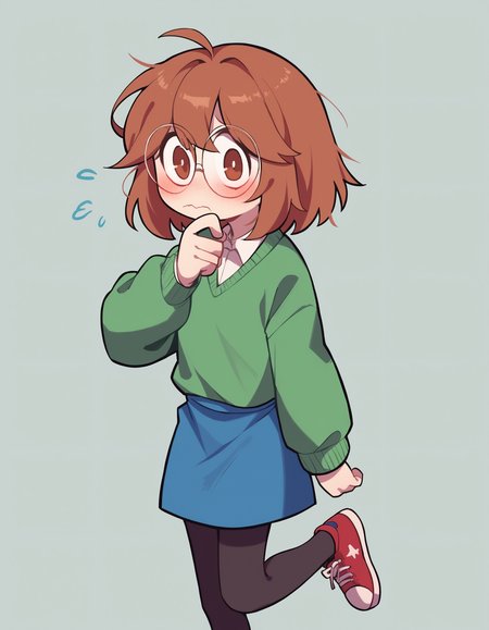 zPDXL, score_9, score_8_up, score_7_up, source_anime, 4k, absurdres, 1girl, solo,
<lora:CWew:0.8> cwew, brown hair, brown eyes, round eyewear, green sweater, blue skirt, black pantyhose, red sneakers, looking at viewer, nervous, blush,