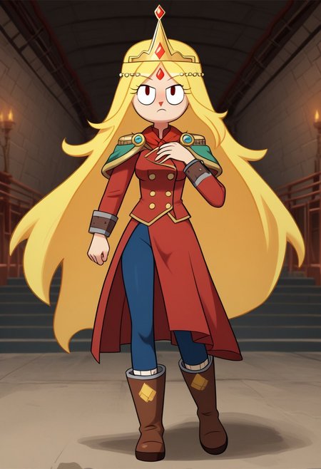 mangamaster, flame_princess, adventure_time, 1girl, red_eyes, blonde_hair, the intrepid time traveler, steps out of a vintage time machine, wearing a stylish steampunk outfit, ready to explore a new era. [Steampunk, Time Travel, Adventure]