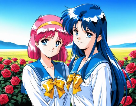 masterpiece, best quality, good quality, <lora:AiShimai_Futari_no_Kajitsu_IS:1> Kitazawa_Rumi, 1girl, blue hair, breasts, long hair, blue eyes, 
school uniform, serafuku, 1990s (style) BREAK, Kitazawa_Tomoko, 1girl, pink hair, Yellow hairband, small breasts, short hair,
serafuku, school uniform, Yellow ribbon, 1girl, BREAK,
 multiple girls, 2girls, blue eyes, blue hair, long hair, retro artstyle, long sleeves, smile, bow, blue sailor collar, sailor collar, 1990s (style), upper body, looking at viewer,
outdoor, flower, rose,