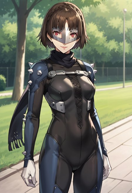 score_9, score_8_up, score_7_up, (source_anime), 1 girl, solo, nsfw, aged up,
p5makoto, p5makotoqueen, niijima makoto, short hair, bangs, brown hair, gloves, standing, braid, white gloves, scarf, bodysuit, mask, spikes, clenched hands, black bodysuit, crown braid, shoulder spikes
looking at you, smile, outside, park,
masterpiece, best quality,
