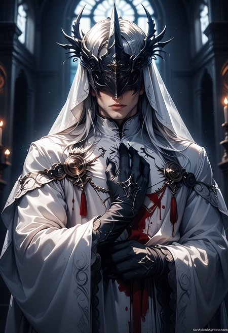 (score_9, score_8_up), score_7_up, 1man, muscular male, long hair, gloves, long sleeves, dress, jewelry, upper body, white hair, parted lips, indoors, black gloves, wide sleeves, white dress, lips, mask, helmet, hand on own chest, white skin, veil, lace trim, lace, web address, robe, covered eyes, stained glass, white robe, lace-trimmed sleeves, black claws, blood, blood on clothes, dark, blurry background, dark lighting, dof, depth of field, realistic, dark background, <lora:unholy-000009:0.85> <lora:CINE-000008:0.3>