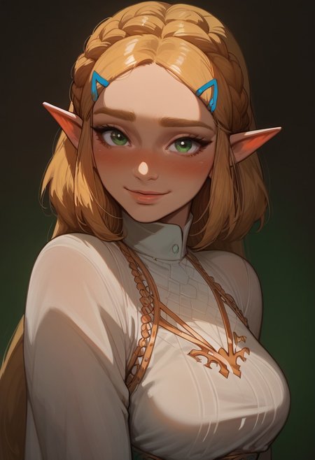score_9, score_8_up, score_8. score_9, score_8_up, score_7_up, score_6_up, masterpiece, 4k, high quality, (best quality:1.1), ExpressiveH
1girl, ZeldaSDXL, long hair, bangs, blonde hair, hair ornament,  green eyes, braid, pointy ears, hairclip, parted bangs, crown braid, princess zelda, blushing, looking at viewer, smiling, g0dd3ss, white dress
green background