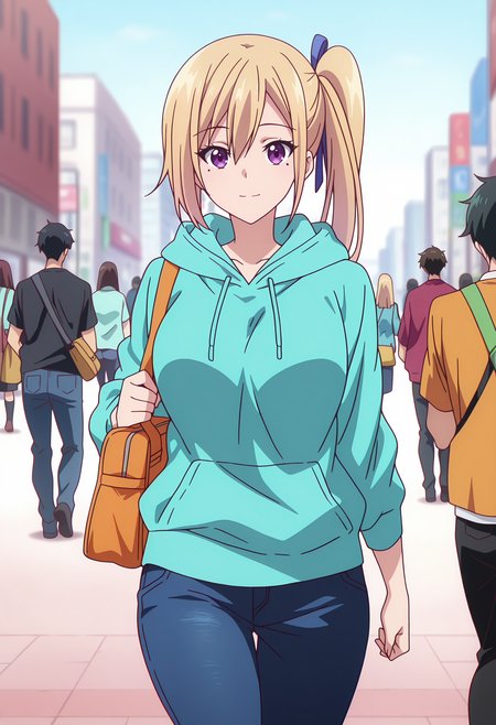 anime screencap, masterpiece, best quality,
<lora:MusaigenNoPhantomWorld_KawakamiMai_IlluXL:0.9>,
1girl, solo, closed mouth, light smile,
side ponytail, long hair, hair between eyes, blonde hair, purple eyes, mole under eye, hair ribbon, blue ribbon,
aqua hoodie, hood down, jeans, shoulder bag, orange handbag,
walking, looking at viewer,
street, city, people, day, solo focus, blurry background