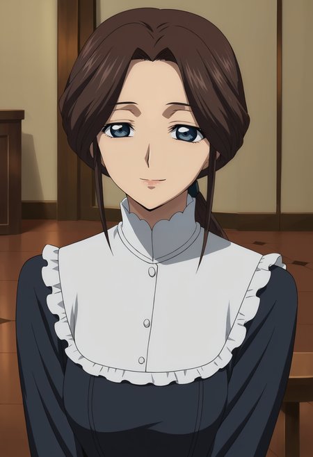 <lora:Kallens_Mother-Code_Geass:0.75>,km,mature famale,1girl,solo,brown hair,blue eyes,long hair,ponytail,maid,dress,long sleeves,upper body,looking at viewer,indoors,smile
