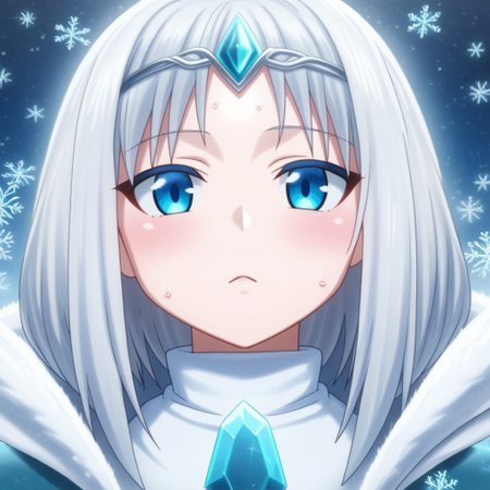 mana_sk style, portrait, focus on face, a fierce frost archer girl with long, sleek silver hair and icy blue eyes, wearing a fur-lined hood and a circlet adorned with frost crystals, her gaze sharp and focused, cold mist surrounding her face as snowflakes gently fall, Japanese RPG style, chilling and majestic atmosphere, intricate details on her hood and frost crystals