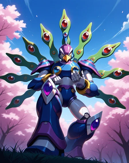 <lora:Cyber_Peacock_(Mega_Man_X)_(Illustrious)_(AD):1> Cyber Peacock, reploid, MMX, 
exterior, blue sky with clouds,
male focus, intense shadows, dynamic shadows, intricate details, attention to details, gradient coloring, bright vivid colors, robot, beak, sexy smile, half closed eyes, one leg in front of the other, seductive pose, 
BREAK very awa, masterpiece, best quality, amazing quality, very aesthetic, highres, absurdres, 
EZRealPONYXL, zPDXL, Smooth Quality, lazynsfw,