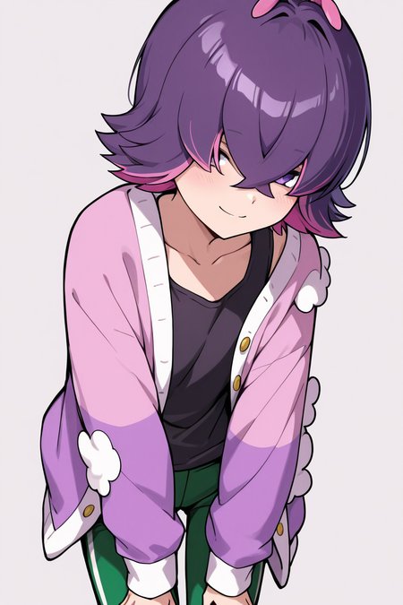 masterpiece, best quality, 1girl, solo,  aaDotPKMN, purple eyes, purple hair, pink hair, multicolored hair, two-tone hair,  short hair, hair over eyes, bangs, black shirt, long sleeves, jacket, open clothes, green pants, smile, looking at viewer,   <lora:DotPokemonIXL_v1:1.0>, , cowboy shot, leaning forward, smile, looking at viewer, shiny skin,