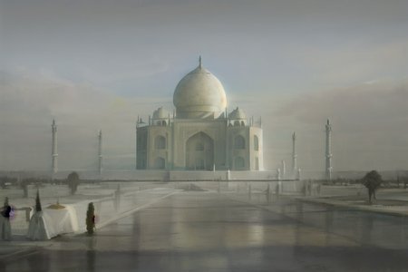 a painting of a large white building with a large dome on top of it's side and a few people standing in front of it