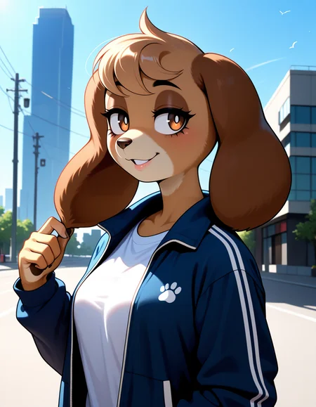 masterpiece, best quality, very aesthetic, absurdres,
outdoors,
upper body,  
t-shirt, jacket, 
seductive smile, parted lips, long eyelashes,
 <lora:Anna_Holiday_v01_NAIXL:1>
4nn4h,1girl,solo,furry,furry female,a girl,dog ears,long ears,brown hair,short hair,brow eyes,snout,animal nose,body fur,brown fur,