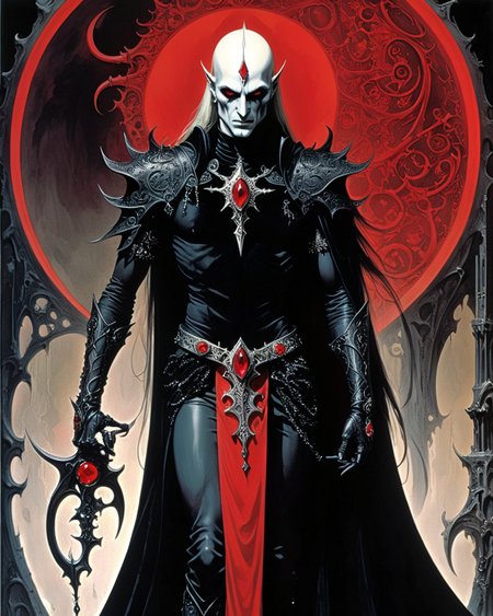 elric of melnibone, crimson eyes, full body, black runesword, velvet, jewelry, <lora:Philippe Druillet Style:1> Philippe Druillet Style,  <lora:xl_more_art-full_v1:0.75>,  <lora:add-detail-xl:0.8>