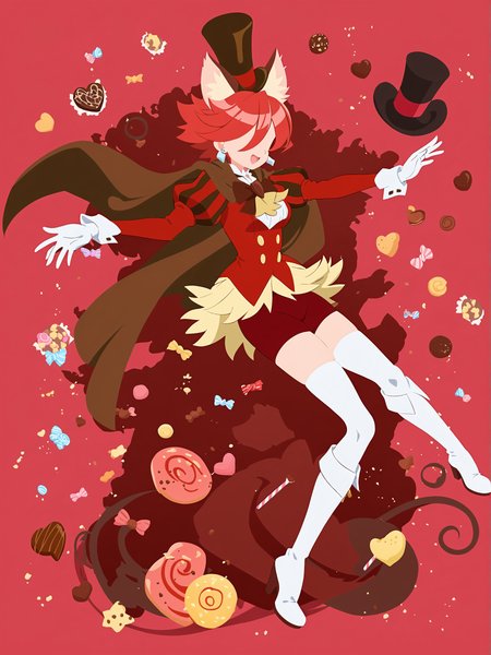 best quality, masterpiece, absurdres, very authentic, intricate, 1girl, solo, full body, CureChocolat, CureChocolat's short dress, CureChocolat's knee boots, CureChocolat's drop earrings, CureChocolat's top hat, CureChocolat's gloves, white thighhighs, red bike shorts, brown cape, dynamic pose, faceless female, snack, candy, chocolate, sambanekostyle, silhouette, <lora:CureChoco-anxl31-000062:0.5>, <lora:SambaNekoStyle:0.9>, (simple background:1.4),