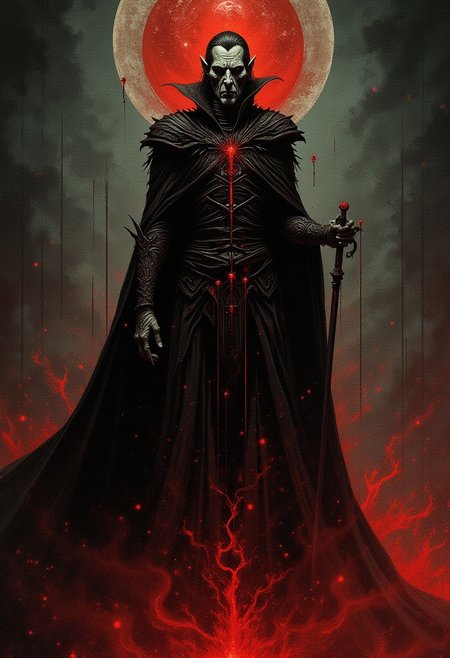 DNdGr41nyB0yz style, dark fantasy illustration  of  count Dracula Vampire lord . Dark raging fires, grainy, noise