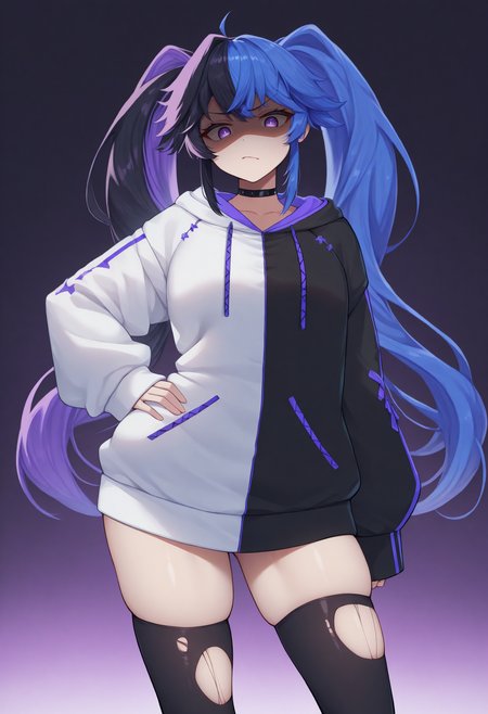 masterpiece, best quality, 1girl, solo, Ks0nGth, long hair, twintails, multicolored hair, split-color hair, blue hair, black hair, purple hair, black choker, two-tone hoodie, white hoodie, black hoodie, sleeves past wrists, black thighhighs, torn thighhighs, looking at viewer, looking down, shaded face, hand on hip, contrapposto, skindentation, <lora:ChamKsonIllustriousXL:1>