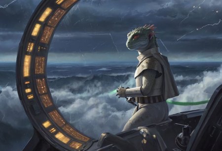 a (solo:1.5) black white lizard with (star wars armor:1.5)  sword on belt  (cockpit instruments view:1.5) inside star-wars style spaceship,  (apocalyptic:1.5) fall fallen stars comets meteors burning planet, (ocean:0.5) (waves:0.5), in the middle of sea,
dawn, heavy rain, wind, windy, typhoon, hurricane, tropical storm, fog, mountain, sky, cloud, deluge, rainforest, 
(anime:1.5) , anime screencap in mnst artstyle, full body character portrait landscape