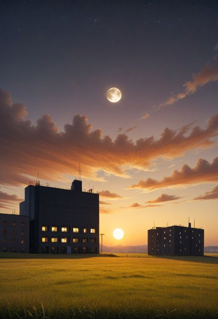 a huge hilly field covered with grass with partially clayey inclusions, green and brown boxes are visible very far away, also behind the hills narrow black skyscrapers with white windows with a yellowish tint are visible, green and brown boxes are visible far away, a dimly lit and dull black building with an orangish glow from sunset, you can see a small white bright advertisement with incomprehensible outlines, black skyscrapers with light yellow windows topped with metal structures standing right in the middle of the field reflect the light of the moon, in the distance you can see small two-story buildings with very small windows and a chimney, a little closer near the skyscrapers you can also see small two-story buildings buildings with very small windows and a chimney, not all skyscrapers are topped with metal structures, the sky on the horizon is from dark red to yellowish which sees off the departing sun, the moon is on the opposite side, the sky is soft blue topped by the moon on the opposite side of the sun, and a few stars, clouds light white very transparent barely visible,