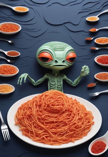 Paper quilling, layered paper. (A quilled alien struggling to figure out how to eat spaghetti with a fork). (Background: a UFO with other aliens facepalming in layered paper detail).

4k, high quality, masterpiece, 
