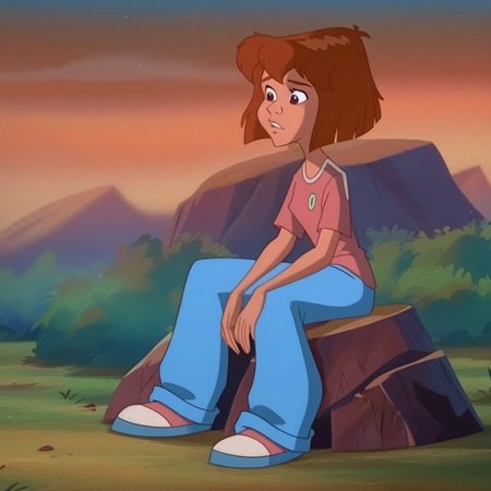score_7_up, BREAK, BudgieFerngully, 1girl, solo, brown hair, short hair, brown eyes, shirt, blue pants, sitting on rock, outside,