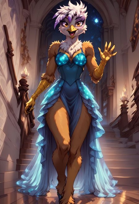 score_9, score_8_up, score_7_up, anthro,
(((Gilda))), Griffon,
facing viewer, front view, female focus, view from chesthight,
g5, pony, female, mare, tail, dock, solo, 1girl, highly detailed, beautiful, detailed eyes, detailed fur, beautiful eyes, (tall), ((perfect body proportions), (beautiful long legs),
small breasts, show accurate skin colour,
long hair, fluffy hair, biggest hair,
(((walking ((down)) a grand staircase))), (((waving to viewer))), ((happy, excited, smiling at viewer invitingly)),
(((wearing a beautiful eyecoloured bioluminescent shoulderfree ballgown))), glowing ballgown,
BREAK,
highly detailed background, (((nighttime))), night
inside Canterlot castle, ballroom, ((grand staircase)), mirror marble floor, (((dimmed lights in the room))),