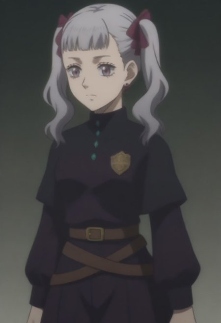 source_anime, anime screencap, source_anime, auratheguillotine, anime screencap, masterpiece, source_anime, shiny skin,,,,,,<lora:noellesilva-pdxl-nvwls-v1-000005:1> noelle silva, grey hair, purple eyes, twintails, hair ribbon, black capelet, green strap, white and purple dress, long sleeves, belt,