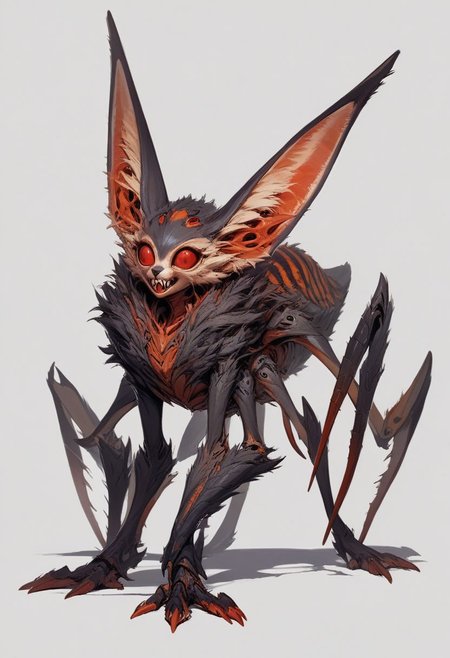 score_9, score_8_up, source_anime, anthropomorphic, unusual creature, creature, concept art, creature, concept art, creature, beautiful alien, anthropomorphic, adorable alien, 1girl, science fiction, Fennec ears, one red eye, sharp teeth, four arms, four legs, insectoid, fluffy, big claws, on all fours
