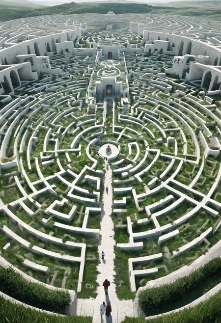 castle , A traveler contemplates a gigantic labyrinth made up of dozens of white, grass, medical towers.