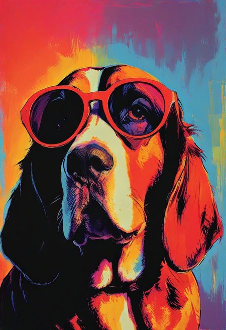 impactful color paint of, a Basset Hound, wearing dark sunglasses, highly detailed, vibrant colors , 8k, sharp, professional, clear, high contrast, high saturated, , vivid deep blacks, crystal clear